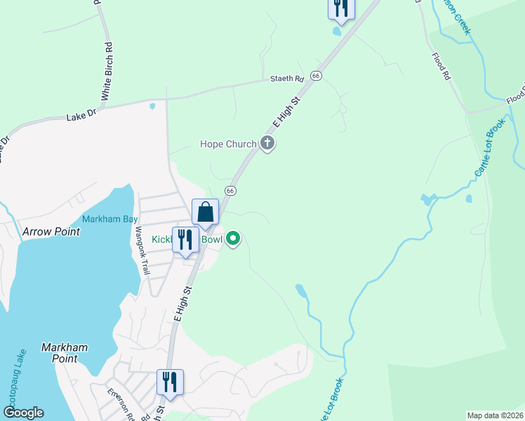 map of restaurants, bars, coffee shops, grocery stores, and more near 260-298 East High Street in East Hampton