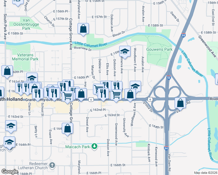 map of restaurants, bars, coffee shops, grocery stores, and more near 1018 East 161st Place in South Holland