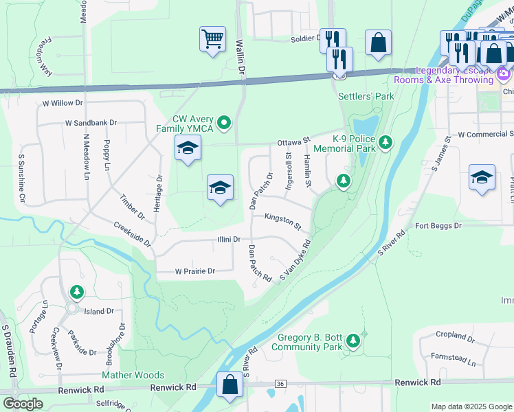 map of restaurants, bars, coffee shops, grocery stores, and more near 15327 Dan Patch Drive in Plainfield