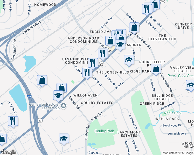 map of restaurants, bars, coffee shops, grocery stores, and more near 29000 Euclid Avenue in Wickliffe