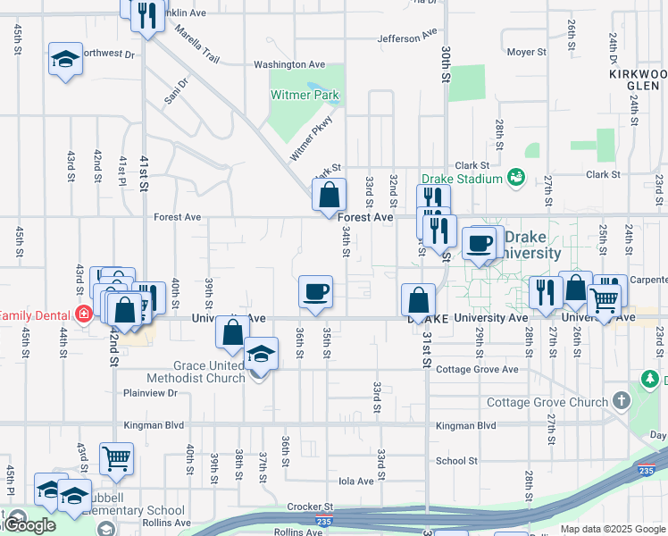 map of restaurants, bars, coffee shops, grocery stores, and more near 1300 34th Street in Des Moines