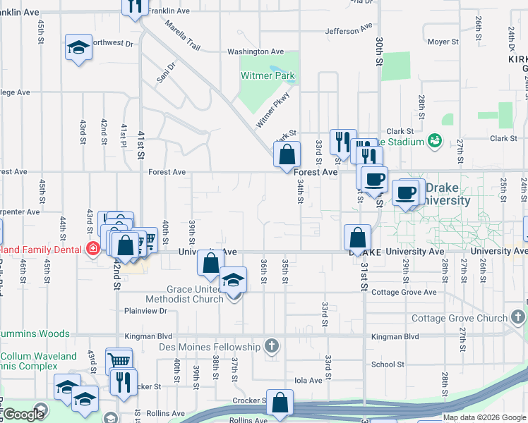 map of restaurants, bars, coffee shops, grocery stores, and more near 3523 University Avenue in Des Moines