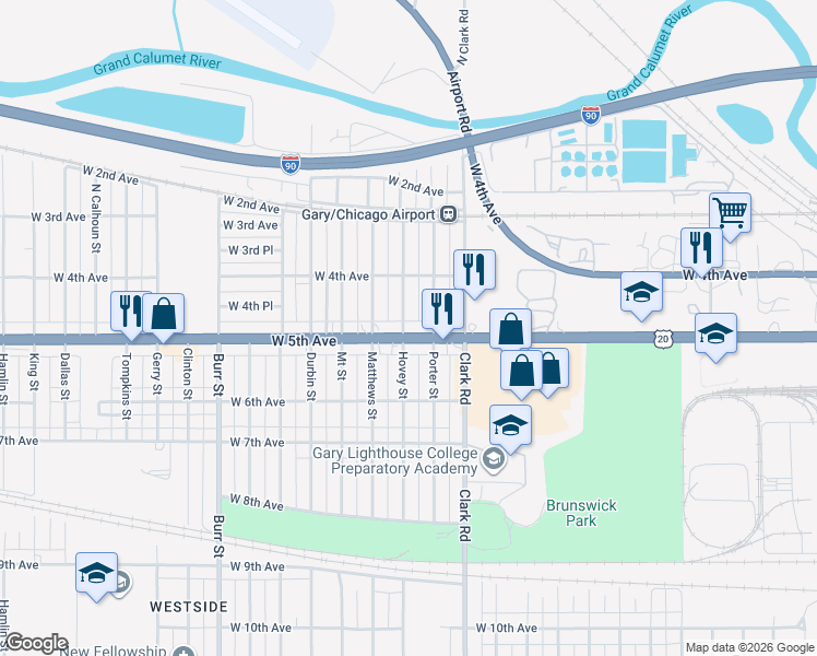 map of restaurants, bars, coffee shops, grocery stores, and more near 463 Hovey Street in Gary