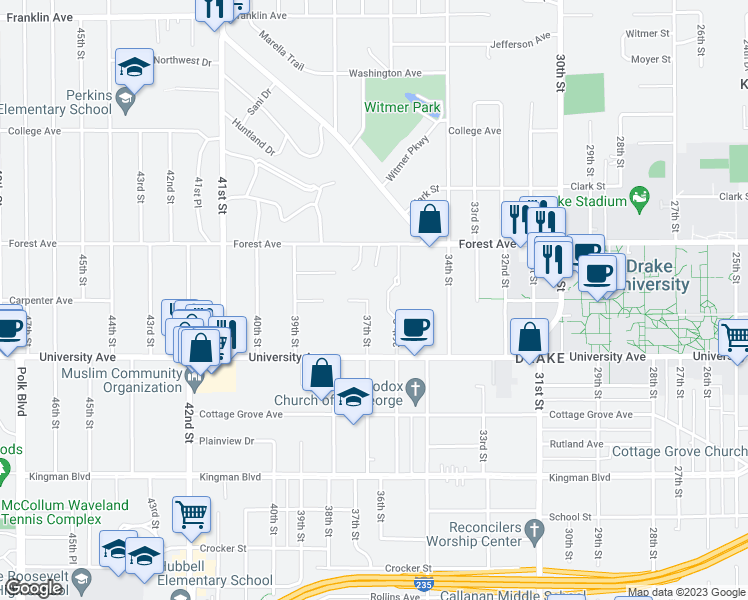 map of restaurants, bars, coffee shops, grocery stores, and more near 1247 37th Street in Des Moines