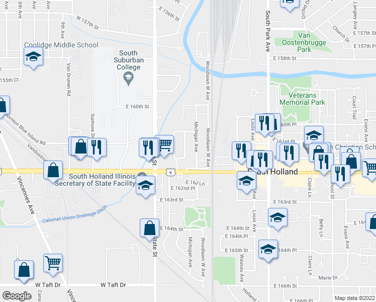 map of restaurants, bars, coffee shops, grocery stores, and more near 16100 Michigan Avenue in South Holland