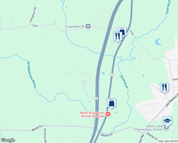 map of restaurants, bars, coffee shops, grocery stores, and more near 73 Club Circle in North Kingstown
