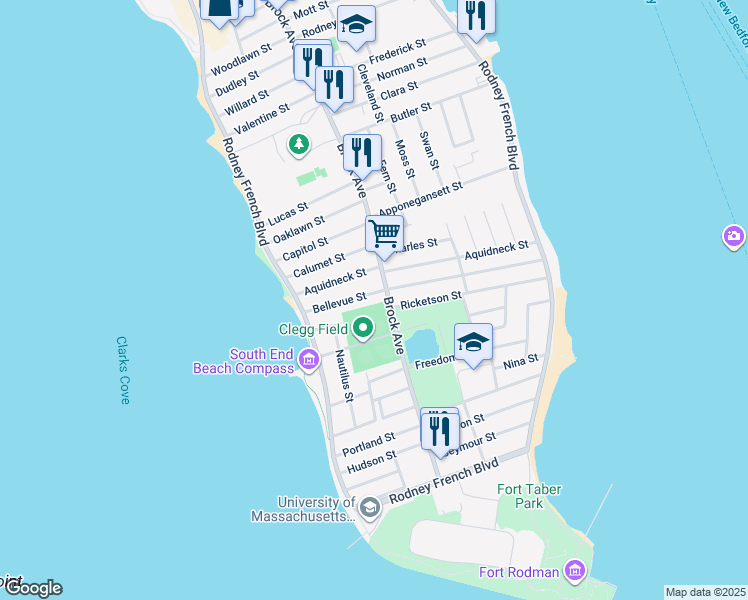map of restaurants, bars, coffee shops, grocery stores, and more near 293 Brock Avenue in New Bedford