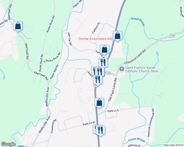 map of restaurants, bars, coffee shops, grocery stores, and more near 22 Avery Circle in New Milford