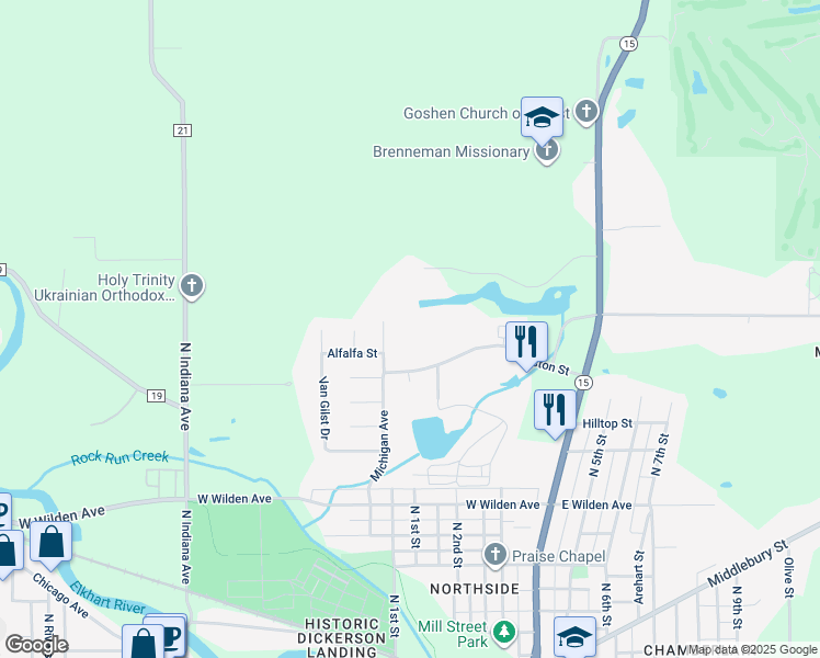 map of restaurants, bars, coffee shops, grocery stores, and more near 405 Arbor Court in Goshen