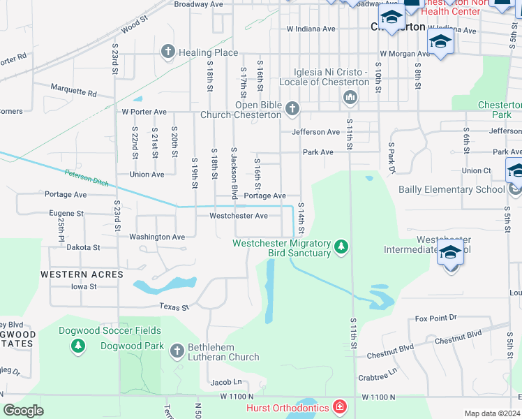 map of restaurants, bars, coffee shops, grocery stores, and more near 1511 Portage Avenue in Chesterton