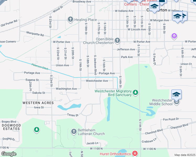 map of restaurants, bars, coffee shops, grocery stores, and more near 1623 Portage Avenue in Chesterton