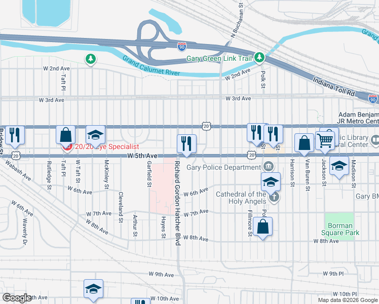 map of restaurants, bars, coffee shops, grocery stores, and more near 470-474 West Johnson Street in Gary