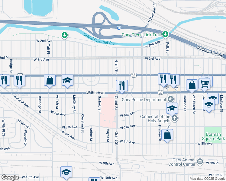 map of restaurants, bars, coffee shops, grocery stores, and more near 470 Grant Street in Gary