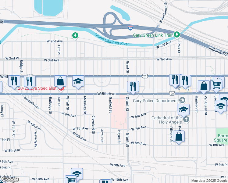 map of restaurants, bars, coffee shops, grocery stores, and more near 450 Hayes Street in Gary