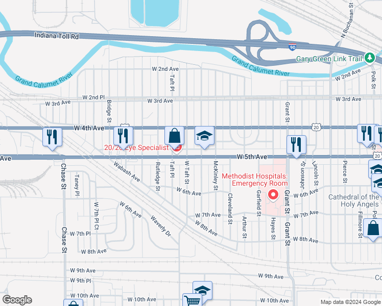 map of restaurants, bars, coffee shops, grocery stores, and more near 464 Roosevelt Street in Gary