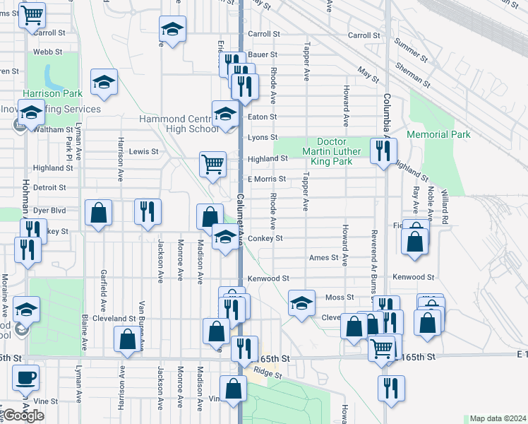 map of restaurants, bars, coffee shops, grocery stores, and more near 6100-6128 Rhode Avenue in Hammond