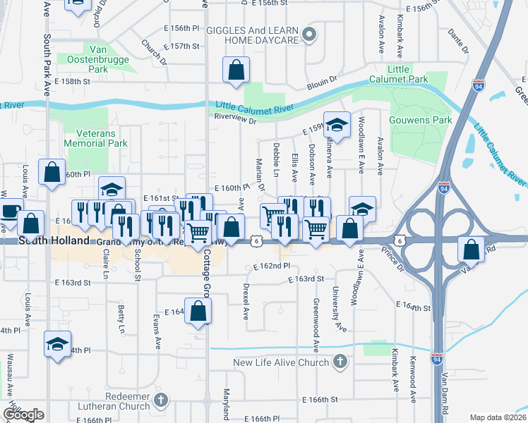 map of restaurants, bars, coffee shops, grocery stores, and more near 16072 Marian Drive in South Holland