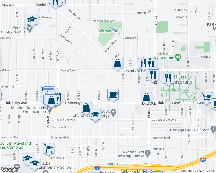 map of restaurants, bars, coffee shops, grocery stores, and more near 1247 37th Street in Des Moines