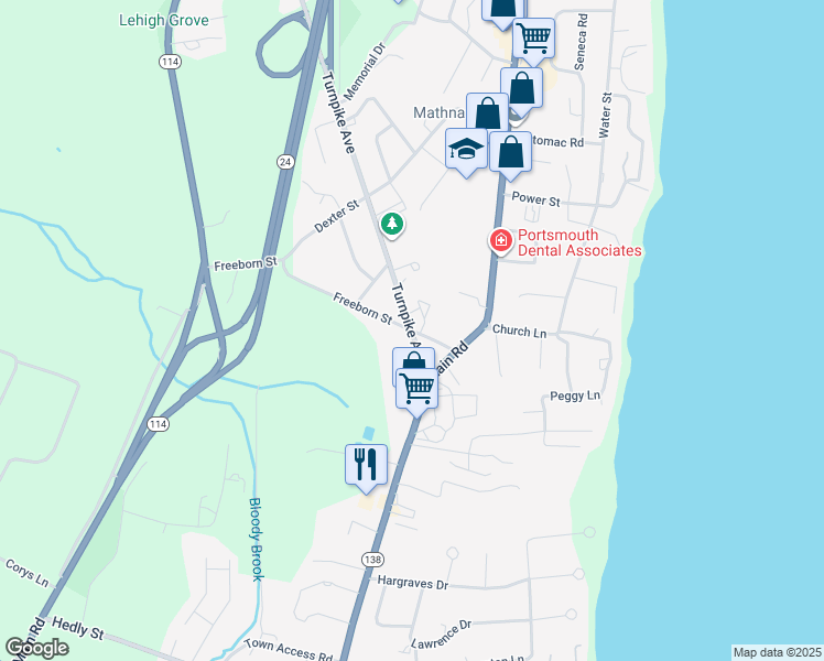 map of restaurants, bars, coffee shops, grocery stores, and more near 1 Turnpike Avenue in Portsmouth