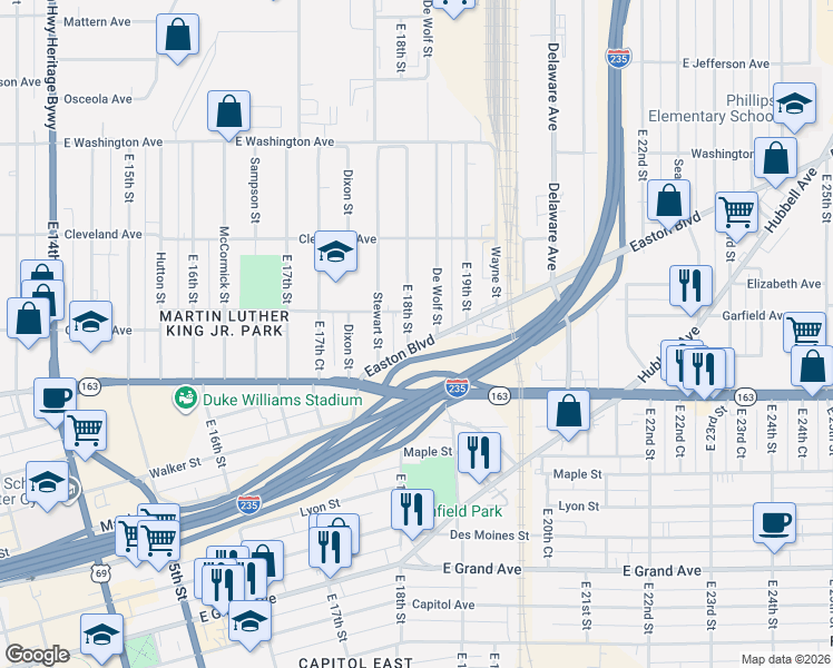 map of restaurants, bars, coffee shops, grocery stores, and more near 1267 East 18th Street in Des Moines