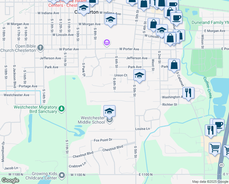 map of restaurants, bars, coffee shops, grocery stores, and more near 999 South 6th Street in Chesterton