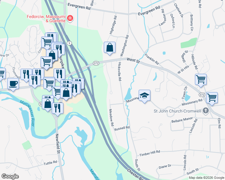 map of restaurants, bars, coffee shops, grocery stores, and more near 18 Mystique Lane in Cromwell