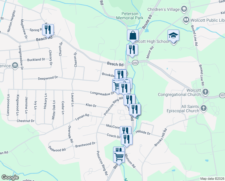 map of restaurants, bars, coffee shops, grocery stores, and more near 8 Longmeadow Drive in Wolcott