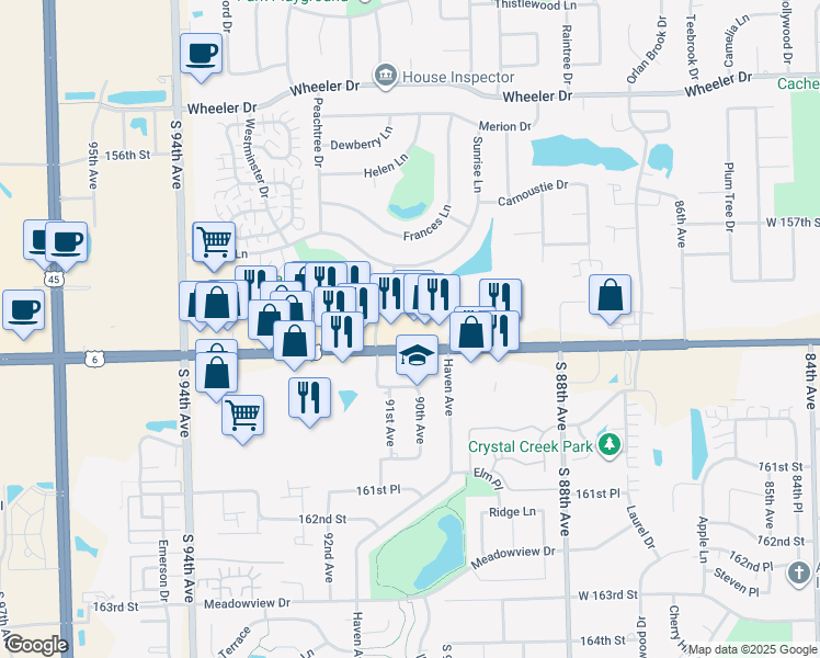 map of restaurants, bars, coffee shops, grocery stores, and more near 9100 W 159th St in Orland Park