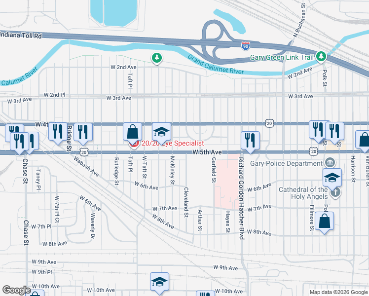 map of restaurants, bars, coffee shops, grocery stores, and more near 2000 West 5th Avenue in Gary
