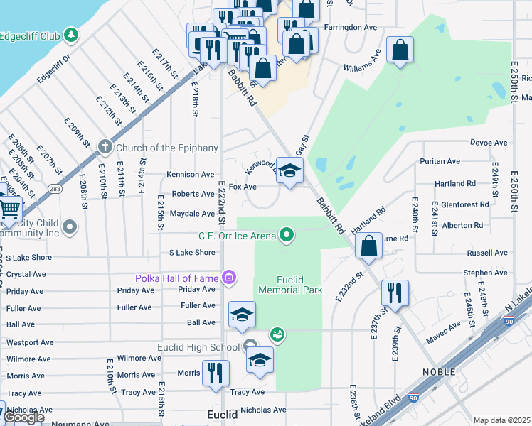 map of restaurants, bars, coffee shops, grocery stores, and more near 462 Clearview Drive in Euclid