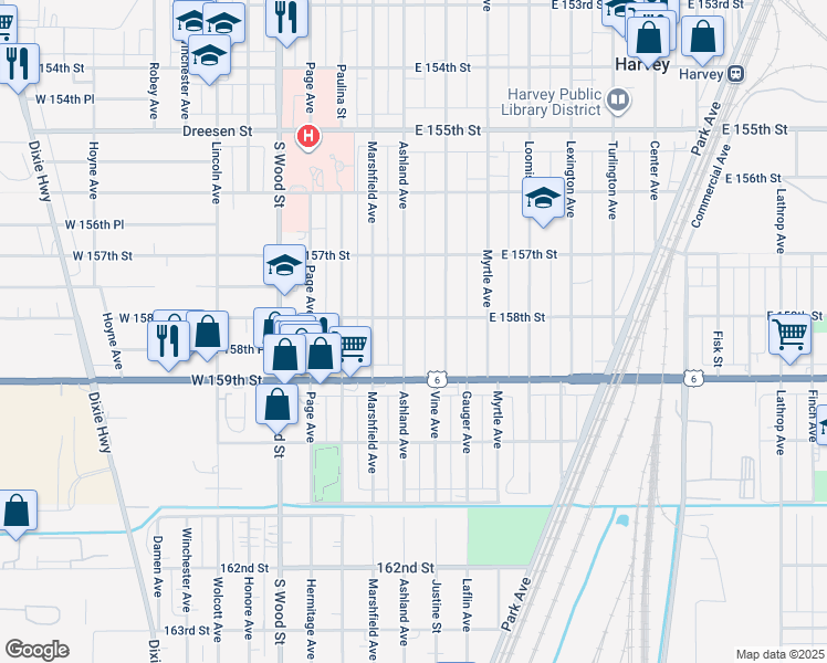 map of restaurants, bars, coffee shops, grocery stores, and more near 15809 Ashland Avenue in Harvey