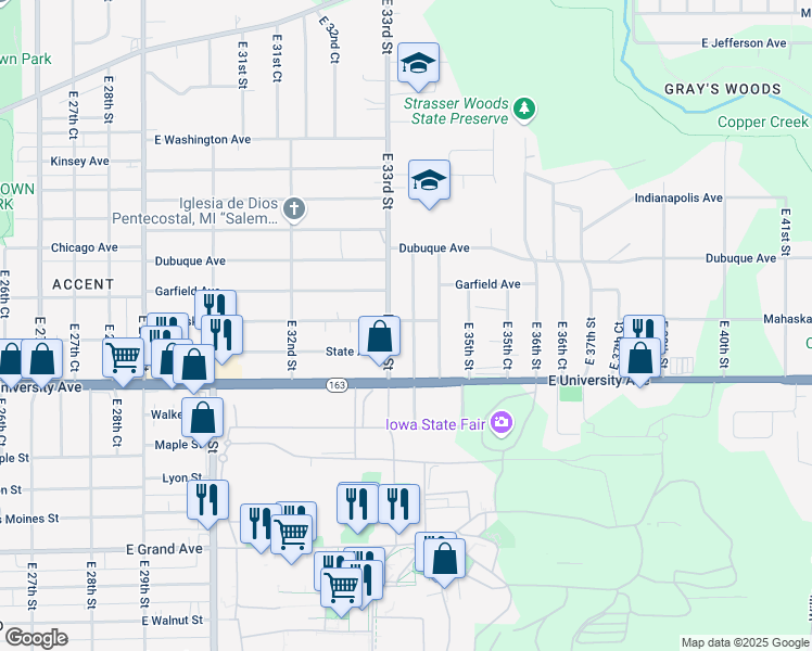 map of restaurants, bars, coffee shops, grocery stores, and more near 1254 East 33rd Court in Des Moines