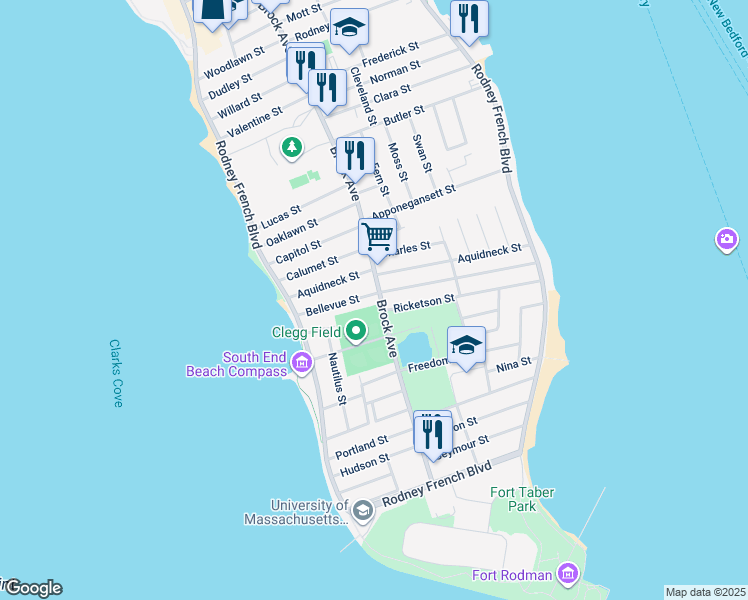 map of restaurants, bars, coffee shops, grocery stores, and more near 293 Brock Avenue in New Bedford