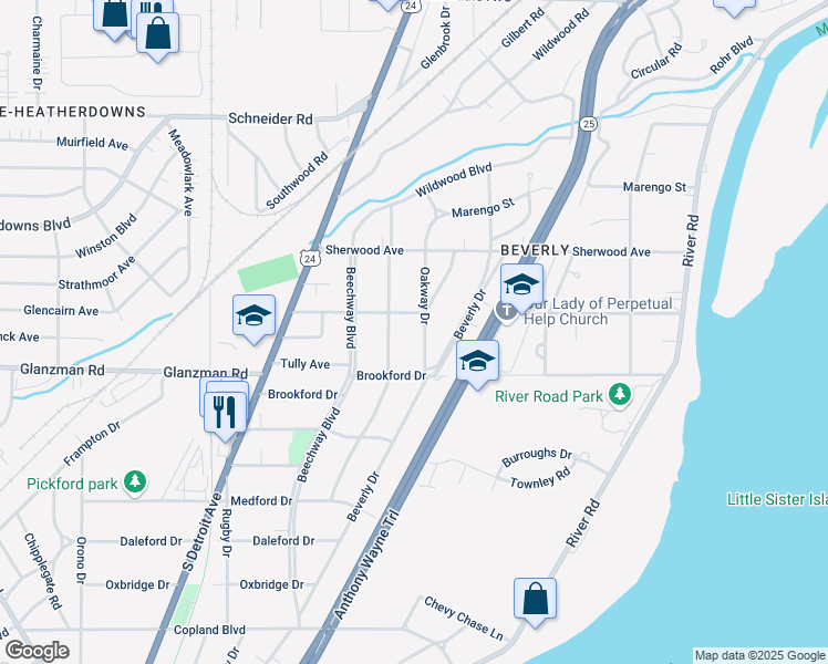 map of restaurants, bars, coffee shops, grocery stores, and more near 3507 Mapleway Drive in Toledo
