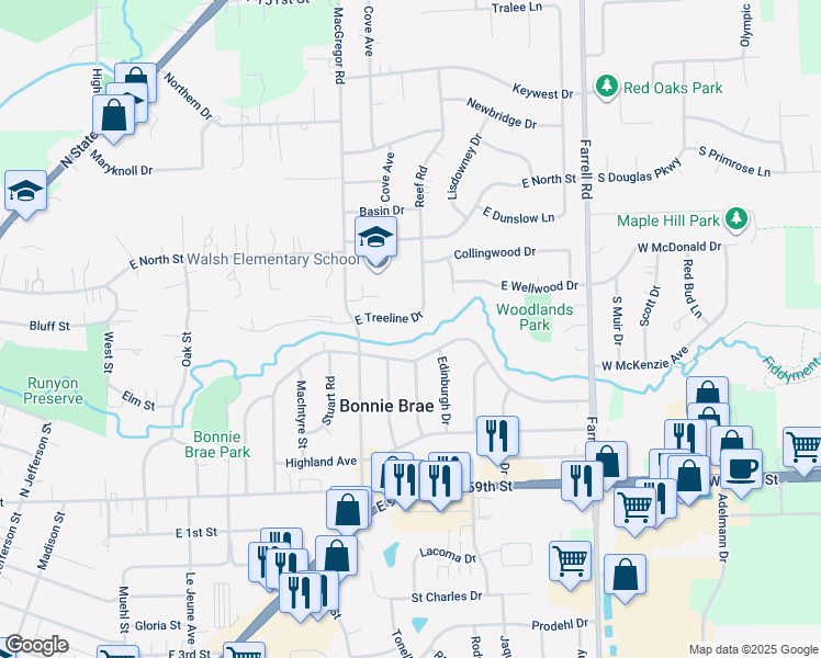 map of restaurants, bars, coffee shops, grocery stores, and more near 1125 East Treeline Drive in Lockport