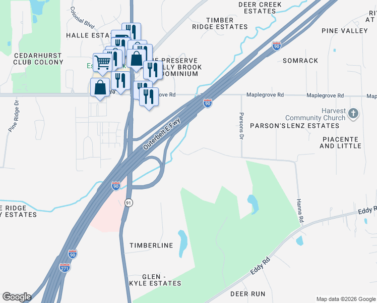 map of restaurants, bars, coffee shops, grocery stores, and more near 35150 Hanna Road in Willoughby Hills