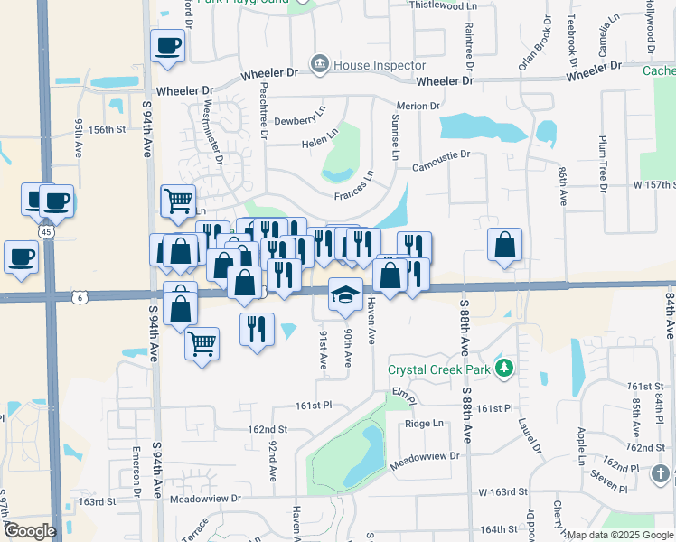 map of restaurants, bars, coffee shops, grocery stores, and more near 9100 W 159th St in Orland Park