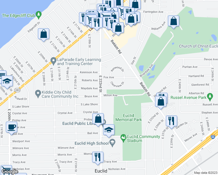 map of restaurants, bars, coffee shops, grocery stores, and more near 442 Clearview Drive in Euclid