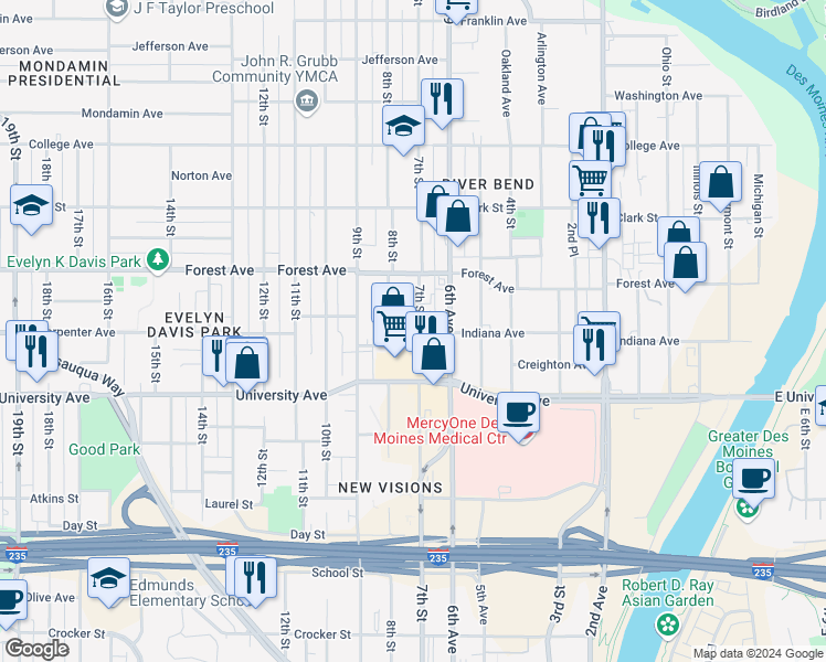 map of restaurants, bars, coffee shops, grocery stores, and more near 1310 7th Street in Des Moines