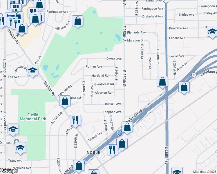 map of restaurants, bars, coffee shops, grocery stores, and more near 24570 Glenforest Road in Euclid