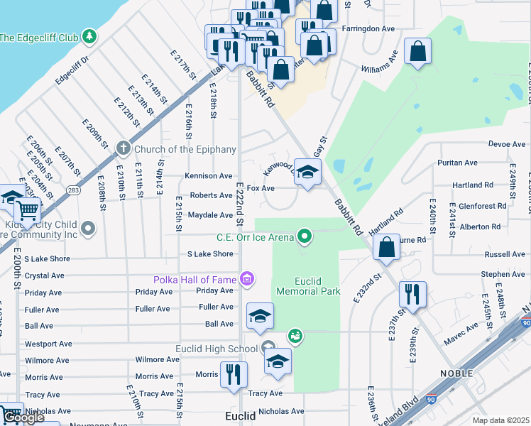 map of restaurants, bars, coffee shops, grocery stores, and more near 442 Clearview Drive in Euclid