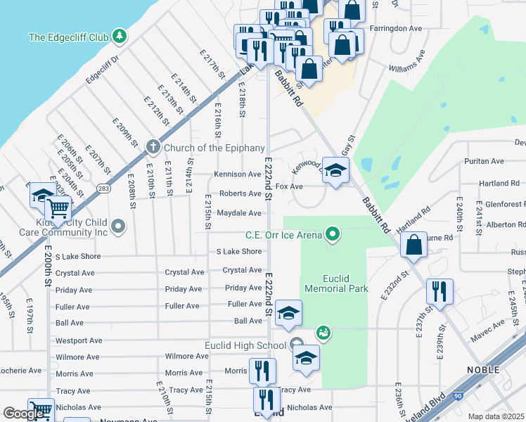 map of restaurants, bars, coffee shops, grocery stores, and more near 461 East 222nd Street in Euclid
