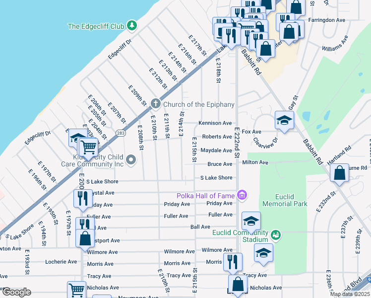 map of restaurants, bars, coffee shops, grocery stores, and more near 366 East 215th Street in Euclid