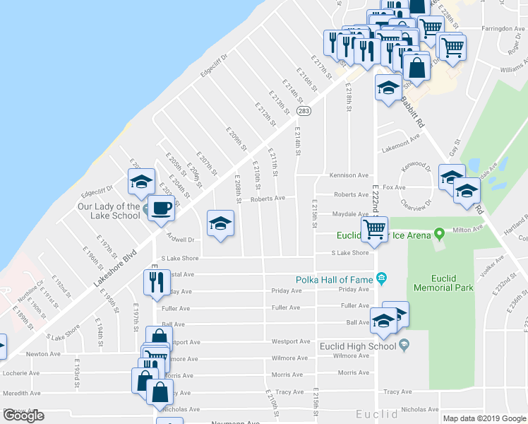 map of restaurants, bars, coffee shops, grocery stores, and more near 294 East 210th Street in Euclid