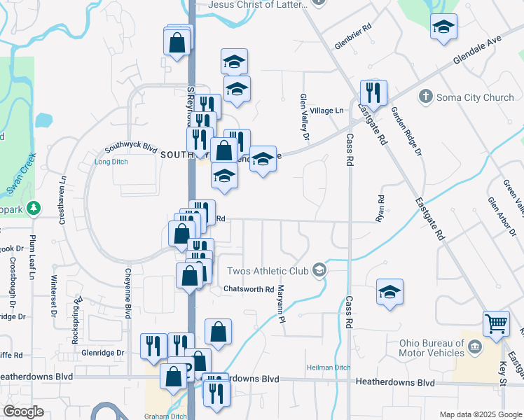 map of restaurants, bars, coffee shops, grocery stores, and more near 5020 Ryan Road in Toledo