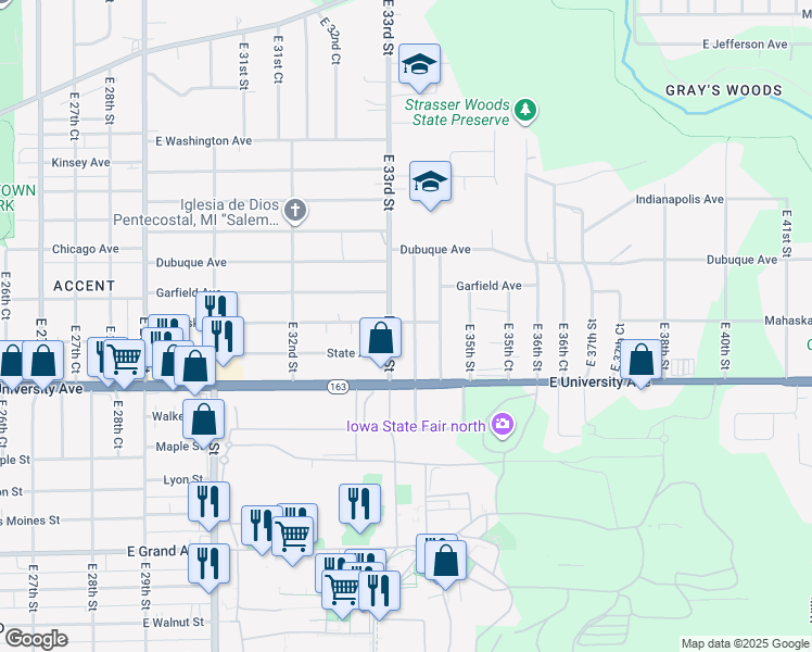 map of restaurants, bars, coffee shops, grocery stores, and more near 1254 East 33rd Court in Des Moines