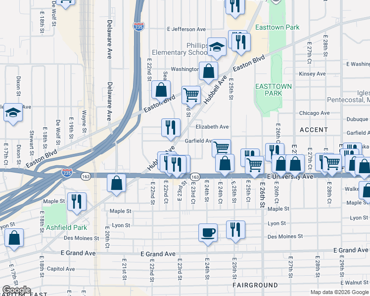 map of restaurants, bars, coffee shops, grocery stores, and more near 1260 East 23rd Street in Des Moines