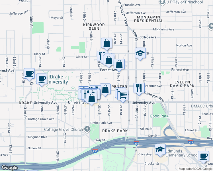 map of restaurants, bars, coffee shops, grocery stores, and more near 1325 22nd Street in Des Moines
