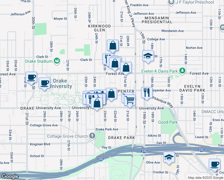 map of restaurants, bars, coffee shops, grocery stores, and more near 1325 22nd Street in Des Moines