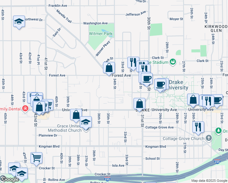 map of restaurants, bars, coffee shops, grocery stores, and more near 1305 34th Street in Des Moines